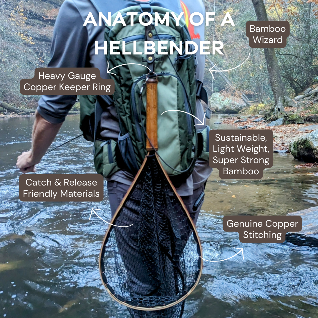 bamboo fishing netting native Upstream Wide Mouth Bamboo Fly Fishing Net Long 12"- 16" / Black Full Rubber